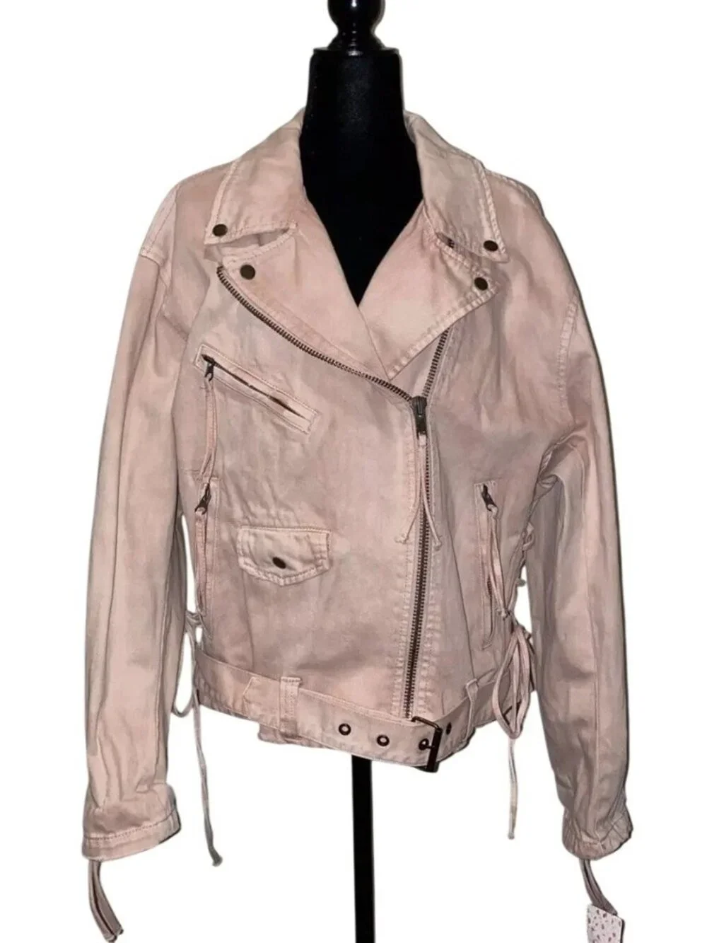 Free People Jacket Moto Washed Rose Pink Denim Lace Up Sides Belted Zippers M - Picture 3 of 6